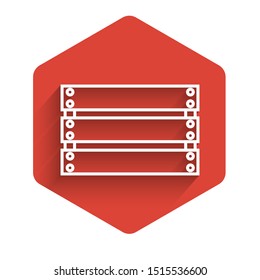 White line Wooden box icon isolated with long shadow. Grocery basket, storehouse crate. Empty wooden container for vegetables, products. Red hexagon button. Vector Illustration