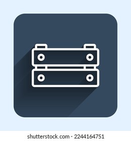 White line Wooden box icon isolated with long shadow background. Grocery basket, storehouse crate. Empty wooden container for vegetables, products. Blue square button. Vector
