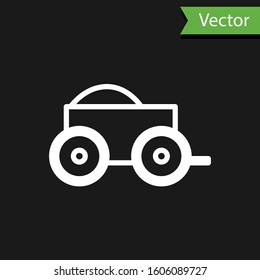 White line Wooden four-wheel cart with hay icon isolated on black background.  Vector Illustration