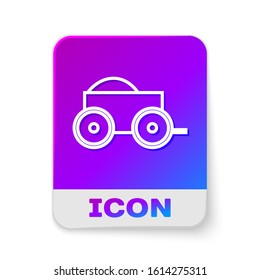 White line Wooden four-wheel cart with hay icon isolated on white background. Rectangle color button. Vector Illustration