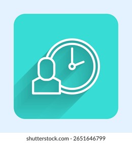 White line Work time icon isolated with long shadow background. Office worker. Working hours. Business briefcase. Green square button. Vector