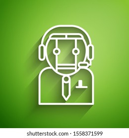 White line Worker robot icon isolated on green background.  Vector Illustration