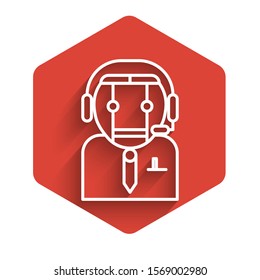 White line Worker robot icon isolated with long shadow. Red hexagon button. Vector Illustration