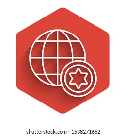 White line World Globe and Israel icon isolated with long shadow. Red hexagon button. Vector Illustration