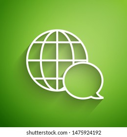 White line World map made from speech bubble icon isolated on green background. Global communication scheme on Earth.  Vector Illustration