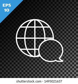 White line World map made from speech bubble icon isolated on transparent dark background. Global communication scheme on Earth.  Vector Illustration