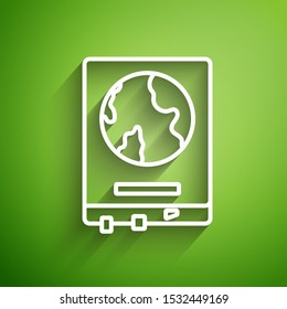 White line World map on a school blackboard icon isolated on green background. Drawing of map on chalkboard.  Vector Illustration