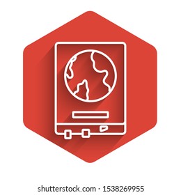 White line World map on a school blackboard icon isolated with long shadow. Drawing of map on chalkboard. Red hexagon button. Vector Illustration