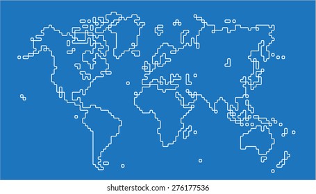 white line world map on blue background, vector illustration.