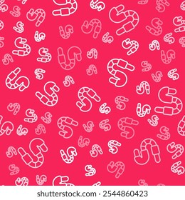 White line Worm icon isolated seamless pattern on red background. Fishing tackle.  Vector