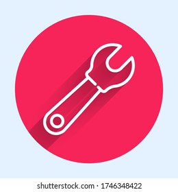 White line Wrench spanner icon isolated with long shadow. Red circle button. Vector Illustration