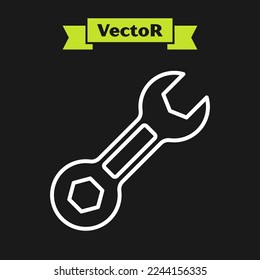 Icono del spanner de la línea blanca Wrench aislado en fondo negro.  Vector