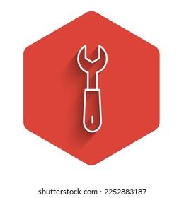 White line Wrench spanner icon isolated with long shadow. Red hexagon button. Vector