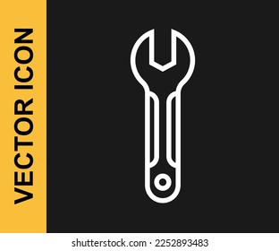Icono del spanner de la línea blanca Wrench aislado en fondo negro. Herramienta de reparación del distribuidor. Símbolo de herramienta de servicio.  Vector