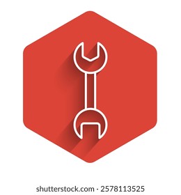 White line Wrench spanner icon isolated with long shadow. Red hexagon button. Vector Illustration