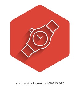 White line Wrist watch icon isolated with long shadow background. Wristwatch icon. Red hexagon button. Vector