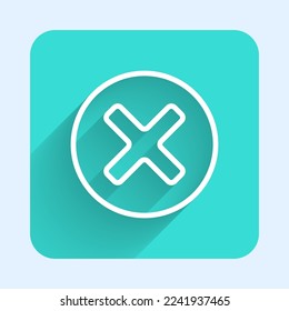 White line X Mark, Cross in circle icon isolated with long shadow background. Check cross mark icon. Green square button. Vector