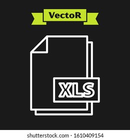 White line XLS file document. Download xls button icon isolated on black background. Excel file symbol.  Vector Illustration