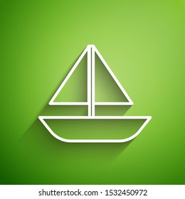 White line Yacht sailboat or sailing ship icon isolated on green background. Sail boat marine cruise travel.  Vector Illustration