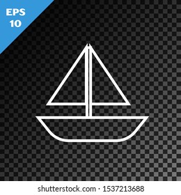 White line Yacht sailboat or sailing ship icon isolated on transparent dark background. Sail boat marine cruise travel.  Vector Illustration