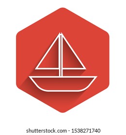 White line Yacht sailboat or sailing ship icon isolated with long shadow. Sail boat marine cruise travel. Red hexagon button. Vector Illustration
