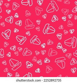 White line Yacht sailboat or sailing ship icon isolated seamless pattern on red background. Sail boat marine cruise travel.  Vector
