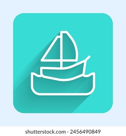 White line Yacht sailboat or sailing ship icon isolated with long shadow background. Sail boat marine cruise travel. Green square button. Vector