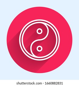 White line Yin Yang symbol of harmony and balance icon isolated with long shadow. Red circle button. Vector Illustration