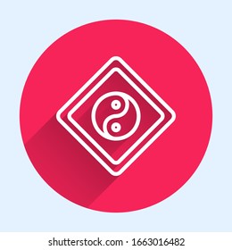 White line Yin Yang symbol of harmony and balance icon isolated with long shadow. Red circle button. Vector Illustration