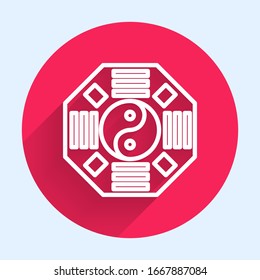 White line Yin Yang symbol of harmony and balance icon isolated with long shadow. Red circle button. Vector Illustration