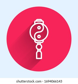 White line Yin Yang symbol of harmony and balance icon isolated with long shadow. Red circle button. Vector Illustration