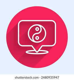 White line Yin Yang symbol of harmony and balance icon isolated with long shadow background. Red circle button. Vector