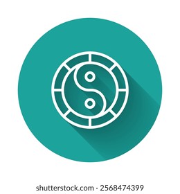 White line Yin Yang symbol of harmony and balance icon isolated with long shadow background. Green circle button. Vector