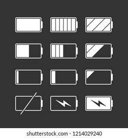 White linear battery charge indicator icons in level, simple shape power source running charging flat design infographics vector, app web button ui interface element isolated on black background
