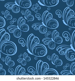 White linear butterfly on blue background. Seamless pattern.