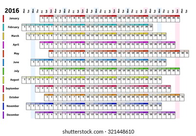 White Linear Calendar 2016 With Days And Months Color Coding