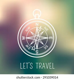White linear compass. Vector blurred sunset rainforest background in green, purple and pink colors. Place for your text
