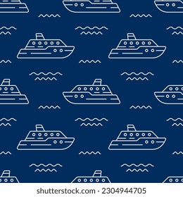 White linear contour ships isolated on a dark blue background. Marine monochrome seamless pattern. Vector simple flat graphic illustration. Texture.