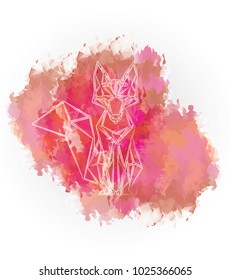 The white linear of dog/fox in low polygon style on abstract water ink background