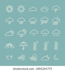 Das weiße lineare Dodle-Wettersymbol ist auf Blau eingestellt. Vektorgrafik. 