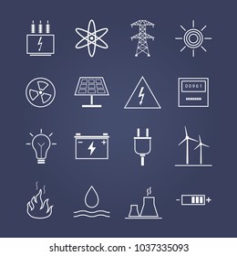 White linear energy icons. Dark violet  background. Vector illustration.