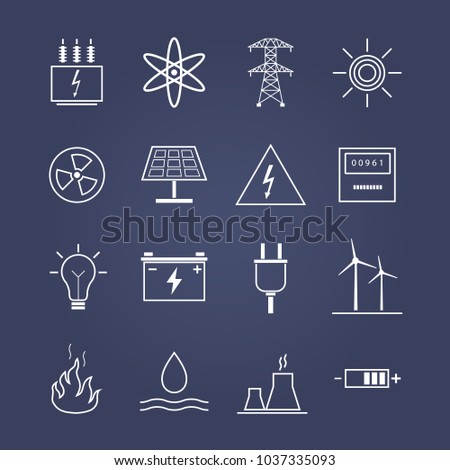White linear energy icons. Dark violet  background. Vector illustration.