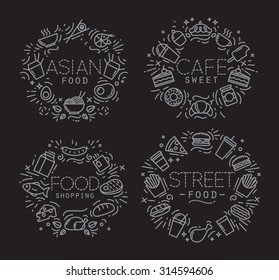 White linear flat food monograms on black background.