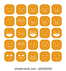 White linear flat icons of emoticons on orange background. Smile with a beard, different emotions, moods.