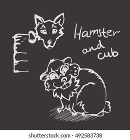 white Linear hand drawn Hamster And Cub on black background. Eps-8.