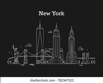 White linear New York panorama with bridges, skyscrapers and sights on black background. Vector illustration