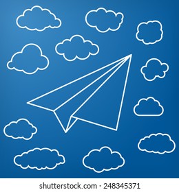White linear paper airplane with clouds on a blue background