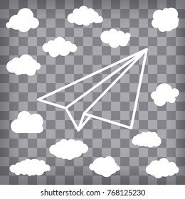 White linear paper airplane with clouds on the chequered background
