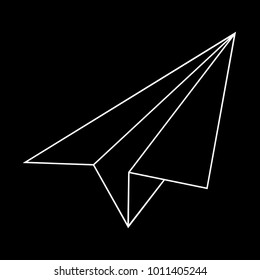 White linear paper plane icon on black background.