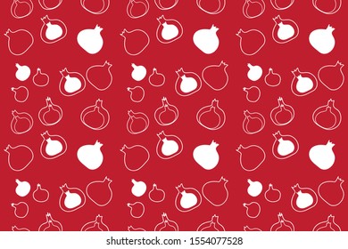 White linear  pomegranane on red background. Seamless pattern. Concept design for oriental fabric or pattern. Vector illustration.